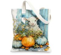 Watercolor Lamb Canvas Tote Bags, Cute Farm Animal Pattern Reusable Shopping Bags, Lightweight Washable Shoulder Strap Canv, White, 13x15 Inch