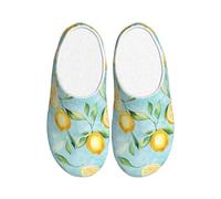 Watercolor Lemon Leaf Women's Slippers Flannel House Slippers for Men Tropical Fruit Non-Slip Warm Winter Shoes for Indoor Outdoor UK 4-5
