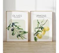 Watercolor Lemon Olives Leaf Poster Canvas Painting Mediterranean Food Prints Wall Art Pictures Kitchen Home Decoration 40x60cm-2pcs Frameless