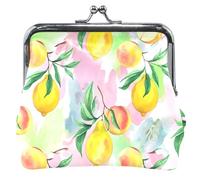Watercolor Lemon Peaches Fruits Cute Coin Purse for Women Leather Kiss Lock Buckle Card Change Purse for Girls, Watercolor Lemon Peaches Fruits, Classic