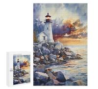 Watercolor Lighthouse Rocky Shore Fun Wooden Picture Vertical Version Puzzle Creative Gift Wood Jigsaw for Adults And Family Game
