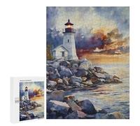 Watercolor Lighthouse Rocky Shore Fun Wooden Picture Vertical Version Puzzle Creative Gift Wood Jigsaw for Adults And Family Game