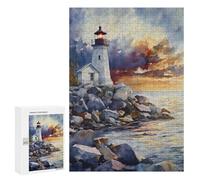 Watercolor Lighthouse Rocky Shore Fun Wooden Picture Vertical Version Puzzle Creative Gift Wood Jigsaw for Adults And Family Game