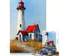 Watercolor Lighthouse with Red Roof House Jigsaw for Teenagers 1000 Pieces Cognitive Workout Leisure Pleasure No Rough Edges Art Xmas Gift (50x75cm)