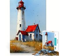 Watercolor Lighthouse with Red Roof House Jigsaw Puzzles 1000 Cognitive Skill Toy Smooth Burr Free Surface Relaxing Indoor Group Activity (38x26cm)