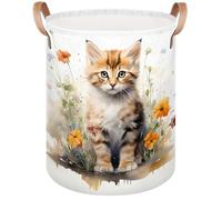 Watercolor Lovely Cat Flower Laundry Hamper with Handles, Waterproof Oxford Fabric Clothes Basket Large Collapsible Dirty Clothes Organizer for Bathroom Bedroom Closet Nursery