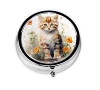 Watercolor Lovely Cat Flower Round Pill Box with 3 Compartments, Mini Metal Pill Organizer for Purse or Pocket, Lightweight Portable for Daily Use Gifts Travel