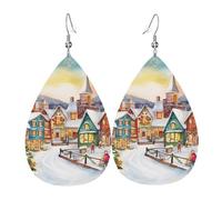 Watercolor Magic Christmas Village Leather Earrings Creative Pendant Fun Leather Earring For Beach Women