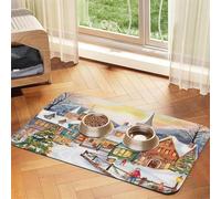 Watercolor Magic Christmas Village Pet Feeding Mat 30x45cm, Absorbent Dog Mat for Food and Water Bowl, PU Leather Cat Food Mat Waterproof Dog Bowl Mats Quick Dry Pet Placemats-No Stains