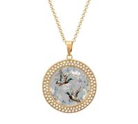 Watercolor Mallard Ducks Pattern Women's Pendant Necklaces Round Inlaid Crystal Pendants Long Alloy Necklace Jewelry Gift