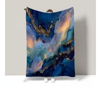 Watercolor Marble Fleece Blanket Throw For Couch Bed, Gold Foil Stripes Decorative Blankets, Cozy Soft Lightweight Fuzzy Flannel Blanket Suitable For All Seasons, 60"X80", Navy Blue