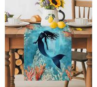 Watercolor Mermaid Silhouette Coral Table Runner 70 Inches Long,Table Runners Kitchen Dining Tables Decoration for Home Party Decor, Undersea World Tables Runner Wedding Dresser Scarf