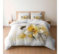 Watercolor Minimal Bee Daffodil Printed Duvet Cover, Reversible White Quilt Cover Bedding King Bed Set, Cosy Soft Hypoallergenic Non-Iron Comforter Covers with Pillowcases