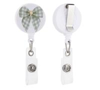 Watercolor Minimalist Sage Green Checker Bow Retractable Badge Holder Reel Clip ID Card Holder for Doctor Nurse Student Office Worker