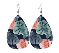 Watercolor monstera pattern Earrings for Women Faux Leather Earring Teardrop Dangle Earrings Lightweight Jewelry Gift