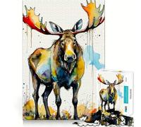 Watercolor Moose Jigsaw Puzzles 1000 Mental Focus Game No Gap Tight Fitting Design Interactive Brain Challenge for Home (50x75cm)