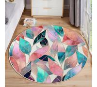 Watercolor Mosaic Area Rugs 60cm Round Rugs Non-Slip Washable Geometric Leaves Floor Carpet Short Pile Circle Rug for Bedside Bedroom Living Room Kids Room Decor, Pink