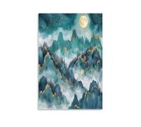 Watercolor Mountain Canvas Wall Art, Gold Blue Painting Tree Moon Abstract Painting Print on Textured Canvas, Wall Poster Artwork for Living Room Bedroom Office Decor Unframe 24x36inch(60x90cm)