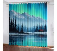 Watercolor Mountains Curtains,Aurora Blackout Curtains For Bedroom Living Room 2 Panel Set,W264xL160cm Night View Forest Blackout Window Treatments,Northern Lights Decorative Darkening Grommet Drapes