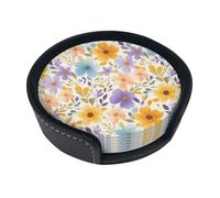 Watercolor Multicolor Flowers Leather Coaster Round Drink Coasters 6 Pcs Home Decor