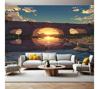 Watercolor Mural Wallpaper Ancient Bridge at Sunset Non-Woven Art Print 390 x 260cm Wall Murals Poster Picture Design Modern Decoration for Bedrooms Living Room Children Nursery