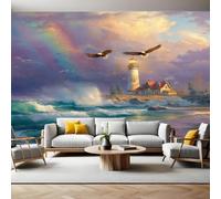 Watercolor Murals Photo Wallpaper Ocean Lighthouse Bald Eagle Non-Woven Premium Art Print Fleece Wall Mural Poster Picture Design Modern Boy Girl Bedroom Home Decor 350 x 256cm