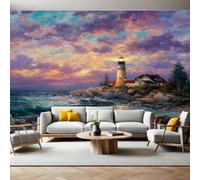 Watercolor Murals Photo Wallpaper Oil Painting Beach Lighthouse Non-Woven Premium Art Print Fleece Wall Mural Poster Picture Design Modern Boy Girl Bedroom Home Decor 350 x 256cm
