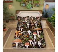 Watercolor Mushroom Bed Sheet Double Size,Botanical Leaves Cute Strawberry Fitted Sheet for Adults Bedroom Decor,Wild Dragonfly Rustic Jungle Style Bed Cover 3pcs,2 Pillowcases,No Top Sheet