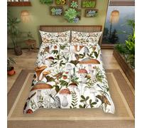 Watercolor Mushroom Duvet Cover Single Size,Cute Cartoon Strawberry Rustic Style Comforter Cover for Adults Kids,Jungle Botanical Leaves Wild Moth Decorative Soft Bedding Set 1 Pillowcase,No Comforter