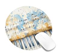 Watercolor Music Notes Piano Keyboard Mouse Pad, Blue Tan Abstract Art Stitched Edge Mousemat, Rubber Non-Slip Washable Desk Pad for Home Office Gaming Round 8x8 Inch