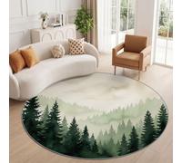Watercolor Nature Round Rugs for Living Room, 60 cm Washable Non Slip Rug | Forest Pine Trees Spruce Mist Sky Print Soft Fluffy Surface Carpet, Green Round Area Rug for Bedroom Kids Room Home