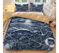 Watercolor Nautical Story Duvet Cover Set, Ocean Lighthouse & Sailboats Pattern, Vintage Style 3-Piece for Bedroom Decor (02,King 240x220cm+65x65cm*2)