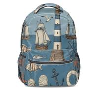 Watercolor Nautical Story Kids Backpack, Wooden Rudder Anchor Lighthouse Print Pattern Bookbag for School (print 1)