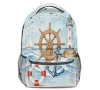 Watercolor Nautical Story Kids Backpack, Wooden Rudder Anchor Lighthouse Print Pattern Bookbag for School (print 4)