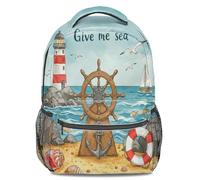 Watercolor Nautical Story Kids Backpack, Wooden Rudder Anchor Lighthouse Print Pattern Bookbag for School (print 5)