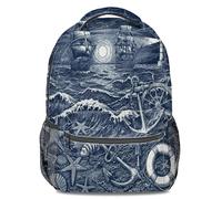 Watercolor Nautical Story Kids Backpack, Wooden Rudder Anchor Lighthouse Print Pattern Bookbag for School (print 2)