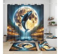 Watercolor Nautical Theme Whale Shower Curtain Sets 4 Piece,Fantasy Galaxy Full Moon Ocean Animal Whale Bathroom Decor Sets with Rugs Include Waterproof Non-Slip Toilet Lid Cover Bath Mat