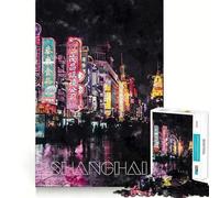 Watercolor Night Shanghai 1000 Piece Jigsaw Puzzles for Teenagers Recall Fun Play Tight Interlock No Gaps Family Fun Night Activity (50x75cm)