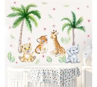 Watercolor Nursery Baby Wall Stickers Jungle Animals Wall Decals Safari Baby Wall Decal Removable Forest Palm Tree Stickers Elephant Giraffe Art Murals for Kids Girls Boys Bedroom Children Room Decor