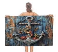 Watercolor Ocean Anchor Rustic Nautical Sea Horses Wood Board Coral Bathroom Towel Absorbent Microfibre Beach Towels Large Bathsheet For Home Bathroom Yoga 80X130Cm
