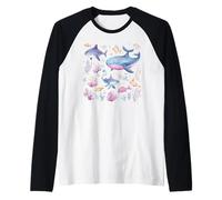 Watercolor Ocean Whale Shark Fish Coral Scene Raglan Baseball Tee