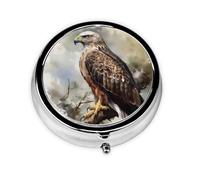 Watercolor of Hawk Pill Box with Mirror, 3 Compartment Small Pill Case for Purse Or Pocket Mini Metal Pill Holder Travel Weekly Medicine Tablet Vitamin Holder Organizer Travel Gifts