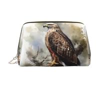 Watercolor of Hawk Sitting in The Tree Makeup Bag for Women Cosmetic Bags Leather Travel Makeup Case Organizer Waterproof Make up Pouch Open Flat Toiletry Bag Portable Storage Pouch for Travelling