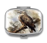 Watercolor of Hawk Sitting in The Tree Pill Box 2 Compartment Decorative Metal Pill Case for Pocket Or Purse Travel Portable Medicine Box Pill Container Organizer for Vitamins Fish Oils Supplements