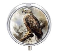 Watercolor of Hawk Sitting in The Tree Pill Box Cute Round Small Pill Organizer Portable with 3 Compartments Travel Metal Pill Case for Pocket Or Purse Privacy Protecting Medicine Box
