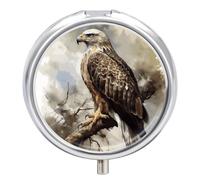 Watercolor of Hawk Sitting Pill Box Round Portable Small Pill Case Waterproof Travel Pill Box Organizer for Pocket Purse and Daily Convenience