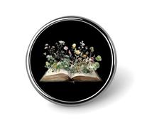Watercolor Open Book with Flowers Novelty Brooches & Pins Round Personalised Metal Lapel Badge With Butterfly Clutch Clasp