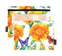 Watercolor Orange Marigold Flowers Butterflies 3 Ring Binder Pencil Pouch Pen Pencil Bag Zipper Binder Cute Clear Binders Pen Case School Boys 9.8" x 7.1", 2 Packs