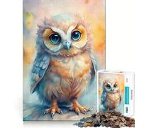 Watercolor Owl with Big Blue Eyes Jigsaw Puzzle 1000 Pieces Mental Focus Game Precision Cut Smooth Edges Absorbing Activity for Quiet Nights (50x75cm)