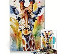 Watercolor Painted Giraffe Jigsaw 1000 Pieces for Teenagers Memory Train Fun Clean Seamless Connection Relaxing Indoor Group Activity (38x26cm)